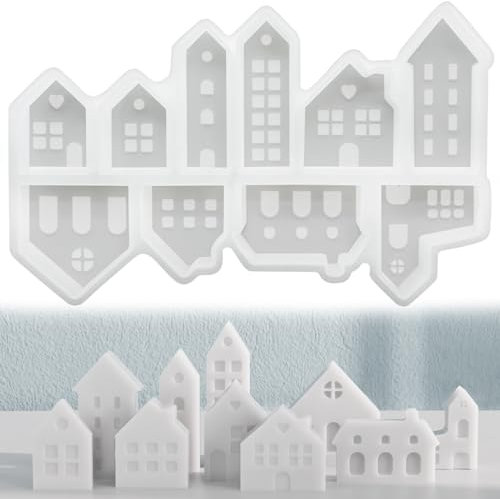 LOYEBOHU Silikonformen Gießformen Häuser, 10 Stück Mini Silikonform Haus, Gießformen Silikon Weihnachten, Gips zum Gießen Silikonform Weihnachten, DIY Giessformen Silikon, Kerzenformen zum Gießen