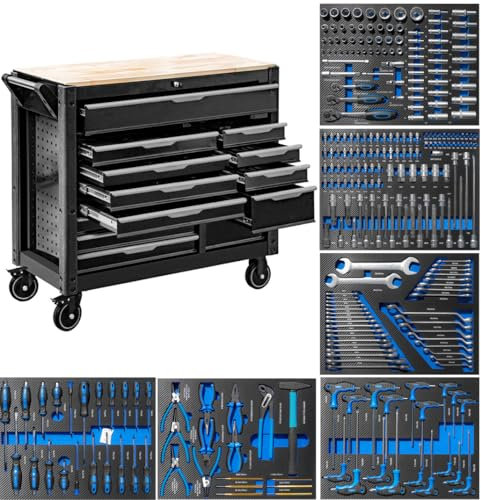 JOMAFA Carro de Taller Grande de 13 cajones con Bandeja de Madera, Edición XXL con 6 modulos de Herramientas Azul