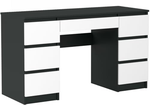 VBChome Schreibtisch 130 x 50 x 76 cm Schwarz - Weiß Matt Schreibtisch mit 7 Schubladen Bürotisch Computertisch Arbeitstisch PC-Tisch Laptoptisch