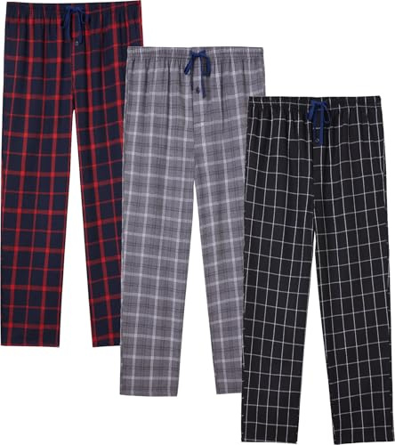 JupiterSecret Mens Pyjama Bottoms Set Flannel Plaid Sleep & Lounge Trousers, PJ Bottoms with Pockets and Button Fly