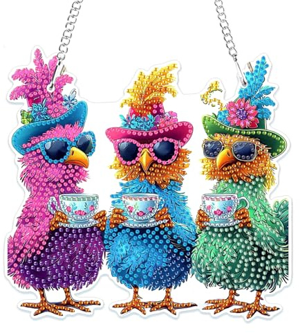 MOGTAA 5D Huhn Diamond Painting Anhänger, Blume Diamond Painting mit Kette Kinder Erwachsene, Diamant Painting Fensterbilder, Hängende Ornament Bastelset Set für Wand Und Eingang Decor
