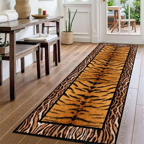 YJDRUG Leopard Teppich,80x300cm,Tierfell-Muster Flurteppich, Leoparden-Tiger Design Küchenläufer In Orange,Schwarz/Braun,rutschfeste Gummirückseite, Kurzflor & Pflegeleicht für Die Heimdekoration