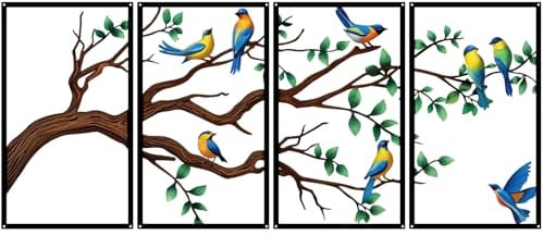 ruelen 4 Stück Wanddeko Metall Vögel Äste Wandbild Wohnzimmer Wall Art | Große Deko Wand Wanddekoration im Naturstil für Schlafzimmer,Outdoor,Wohnzimmer,Küche,Badezimmer,Balkon,Büro