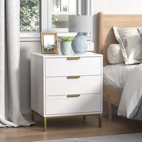 Yvsevnr White Bedside Cabinets Wooden Bed Side Table for Bedroom Living Room Hallway Small Wood Chest of 3 Drawers Bedside Tabls with Metal Legs 50.2 x 40 x 60.2 cm