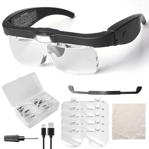 Lupenbrille mit Licht, 150D, 250D, 2.0X, 3.0X, 4.0X Vergrößerungsbrille, Wechselobjektiv LED Lupenbrille Ideal für Hobby, Lesen, Elektriker, Juweliere, Nähen, Reparaturen und Senioren