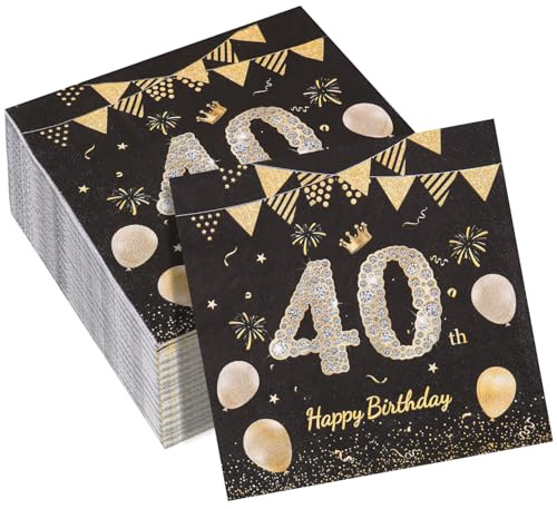 100 Stück Schwarz Gold Geburtstags Servietten,Happy Birthday 40 Servietten | Servietten 40 Geburtstag Tischdekoration Papierservietten für Geburtstag Feiern Party Jubiläum 16.5 x 16.5 cm