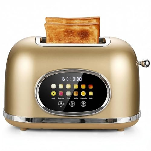 Roter Mond 2 Slice Toaster Smart Touch Screen, Retro Stainless Steel Bread Toaster with Digital Timer, Sleep Mode, Bagel, Cancel, and Defrost Functions, 6 Bread Types and Shade Settings, Gold