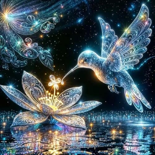 Fokenzary Kit d'art avec diamants pour adultes débutants, peinture de lotus 5D et oiseau, artisanat, 1 pièce, décoration murale pour salon, chambre à coucher (35 x 35 cm)