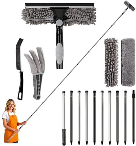 Vibrivio 4,15M Limpiacristales Telescopico | limpia cristales 4 en 1 con Barra Telescópica y Cabezal 180°, Extractor y Plumero para Ventanas Altas, Ducha, Espejos, Coche