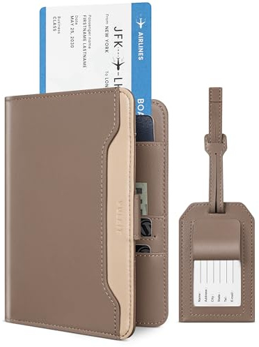 VULKIT Porta Passaporto con Etichetta per Bagaglio Portadocumenti da Viaggio con Protezione RFID per Uomo e Donna, Cachi