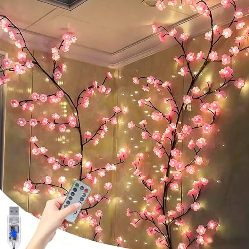 Gresoinc 120cm 48LED Cherry Blossom Tree Twig Lights for Wall, USB Powered 8 Modes Warm White Fairy Light with Remote Timer Dimmable Flexible Willow Vine Floral Bedroom Home Spring Décor