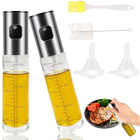 XIANJIA 2 Stück Öl Sprühflasche Glas 100ml Feiner Ölspray zum Kochen | für Speiseöl Olivenöl Avocadoöl, für Heißluftfritteuse Backen Salat, Verstärkung Auslaufsicher, mit Reinigungsbürste