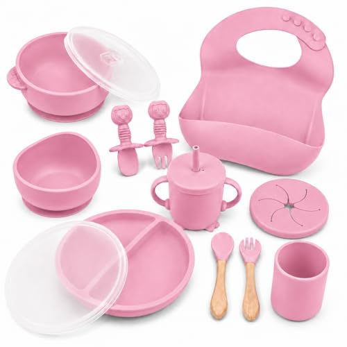 14 Piezas Vajilla Bebé Set de Alimentación Silicona BLW Antideslizante Rosa | Plato, bol, vaso, taza, babero y cubiertos - Silicona sin BPA - Ventosa antideslizante - Ideal Baby Led Weaning