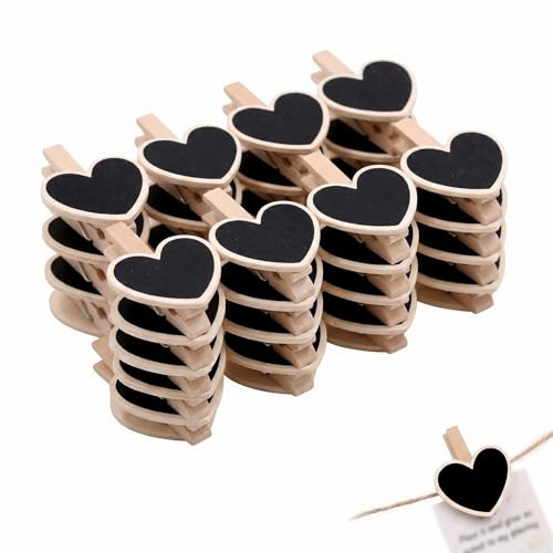 BLPRKOT 24 Pièces Mini Ardoises en Bois en Forme de Cœur Marque Place Mariage et Porte Nom Table 5.5x6.6cm, Pancarte pour Buffet Anniversaire Étiquette Prix et Décoration de Table Rustique