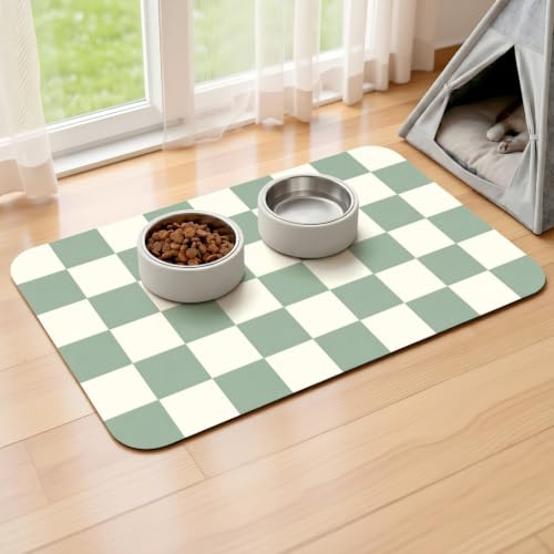 Dog Food Mat, Absorbent Pet Placemat Cat Dog Mats for Food and Water Bowl, Checkered Pet Feeding Mat Non Slip, No Stains Quick Dry Cat Dog Bowl Mat (Green, 40x60cm)