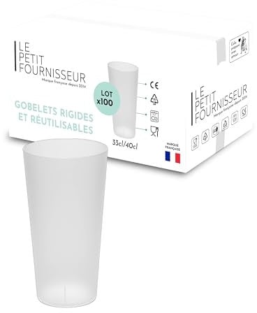 LPF LE PETIT FOURNISSEUR - Lot de 100 Gobelets réutilisables 33cl (40cl à ras-bord) - Polypropylène Incassable - Gobelets plastique alimentaire rigide à eau - Compatible lave-vaisselle - Couleur Givré