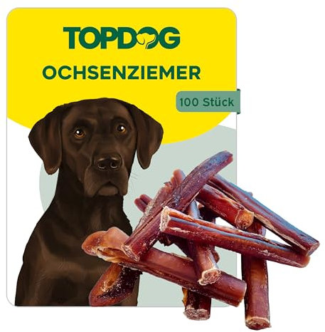 Topdog Ochsenziemer Hund 100 Stück 12 cm - Ochsenziemer für Hunde - 100% natürlich ohne Zusatzstoffe - Langer Kauspaß für Hunde - Beruhigender Beschäftigungsnack mit Zahnpflege