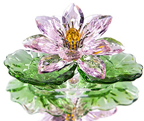 H&D HYALINE & DORA Pink Crystal Lotus Flower Figurine,Glass Flower Home Decor for Feng Shui,Gift Boxed