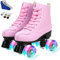 Simanli Rollschuhe für Damen, 4 Räder, Rollschuhlaufen, PU-Leder, für drinnen und draußen, zweireihige Skate, Schuhe mit Tasche (Pink Flash, 37)