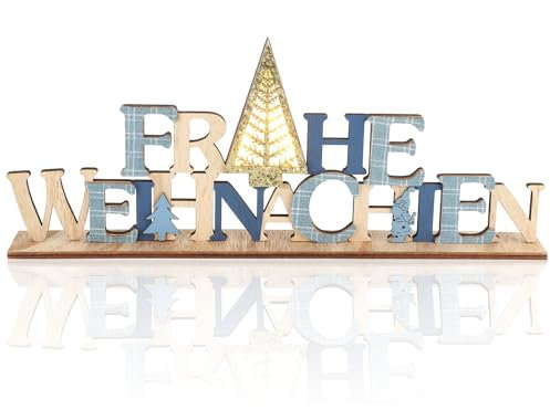 com-four® LED Deko Aufsteller aus Holz - beleuchteter Schriftzug auf Holzsockel - Deko-Schriftzug zum Hinstellen für Weihnachten - Stimmungslicht mit Timer (Tanne - blau + gold)