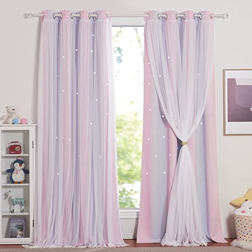 NICETOWN Gardinen Kinderzimmer Mädchen 2 Stücke Verdunklungsvorhänge Dekoration Sternevorhänge mit Voile Curtains Ösenvorhang H 240 x B 132 cm, Pink+Lila