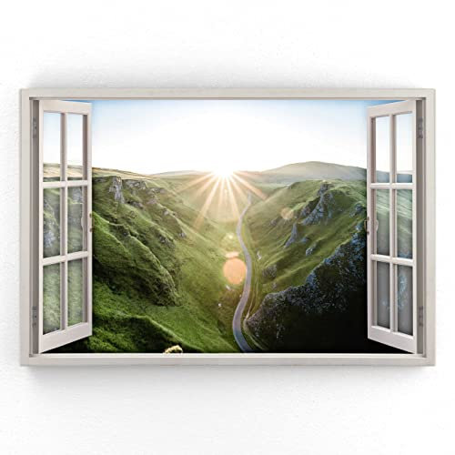 Estika - Leinwand Bilder Fensterblick - Berge, Sonne - 90x60 cm - 1 teilige Wandbilder, Bild auf Leinwand, Modern Deko für wohnzimmer schlafzimmer - Natur Landschafts bilder - 5977A_1L