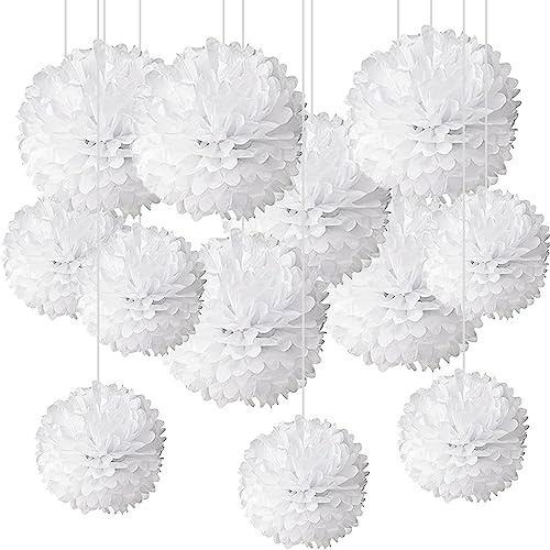 CC wonderland zone 12Pcs White Hanging Tissue Paper Pom Poms Decorations for Party Ceiling Wall Tissue Flowers Decorations, 6Pcs of 12in & 6Pcs of 10in