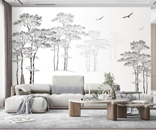 MIWEI Wallpaper Papier Peint Panoramique Croquis Simple Abstrait Arbre Gris Et Blanc Papier Peint Nature Intissé Murale Chambre Salon -MIWEI Wallpaper-034-350cmx256cm