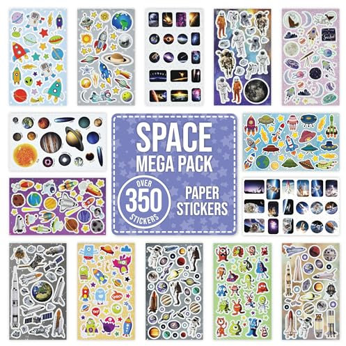 Space Stickers for Children to Decorate Scrapbook Craft - Over 350 Self Adhesive Paper Stickers 14 Designs - Party Bag Fillers For Kids, Teacher Classroom Reward Supplies - Astronaut, Rocket, Planet