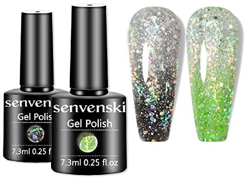 Senvenski Colour Changing Gel Nail Polish Kit, UV/LED Thermal Temperature Nail Art Set with Black White Green Glitter Colours | Manicure Gift Kit for Women, Professional Salon Home Use (WB2-004)