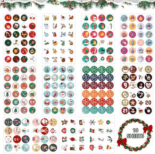 Aufkleber Weihnachten, 10 x 24 Weihnachtssticker Aufkleber Set,Weihnachtskalender Zahlenaufkleber Zahlen Aufkleber Sticker 1-24 Für Kalender zum Selber Basteln für Weihnachten,Nummern Papiertüten