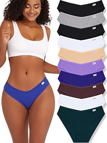 FINETOO Womens Underwear Cotton Bikini Rib Cheeky Panties Sexy V-shaped Waistband Hipster(L)