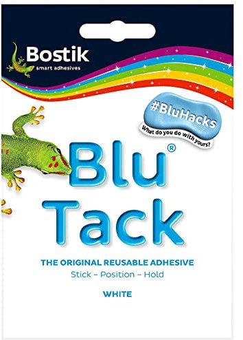 Adhesive Bostik BLU TACK | WHITE | Original REUSABLE Sticky HOME SCHOOL OFFICE Walls BLU HACKS NO MARKS Safe Craft ART Clean Handy (1 x PACK (SAMPLE) WHITE - BLU TACK)