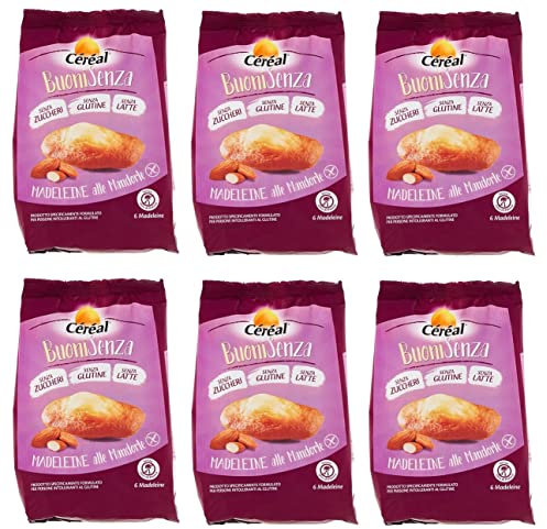 Céréal BuoniSenza Madeleine Lot de 6 madeleines Mandorle - Idéal pour le petit déjeuner - Snack sucré avec saveur d'amande sans gluten, sans lait et sans sucre - 180 g