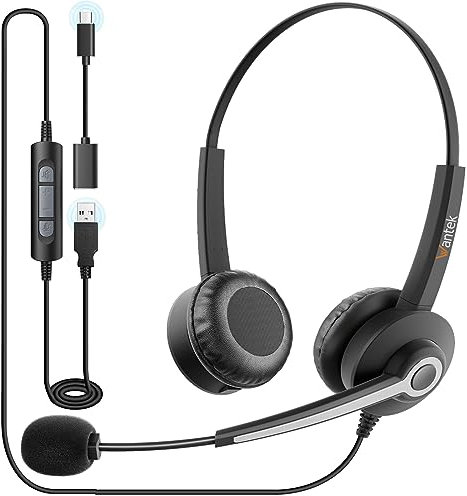 Wantek 682N Headsets with Microphone Stereo Sound Headphone with Noise Canceling Mic for Call Center Online Chats Office Work Business Team Meetings