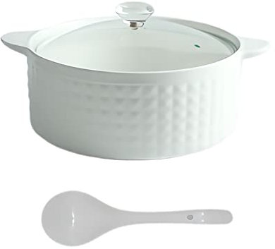 Soupière de service en céramique avec couvercle en verre et louche en céramique de 2L, grands bols de service en porcelaine pour la maison, la cuisine, le restaurant, la décoration blanche, moderne