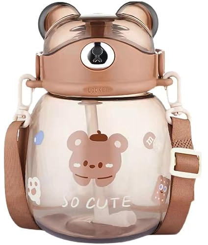 KALWEL, Botella de agua en forma de oso, botella de agua Kawaii, botellas de agua de plástico, botellas de agua para niñas, botella de agua con correa, botellas de agua de 1.3 litros, taza de pajita,
