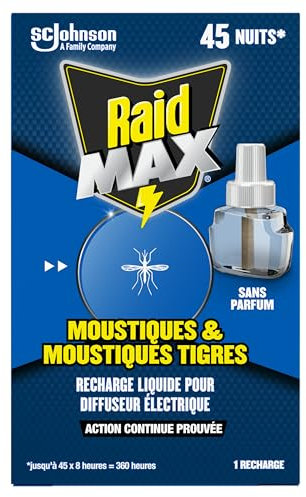 Raid Max Recharge Diffuseur Electrique Liquide - Moustiques et Moustiques Tigres 45 Nuits - Sans Parfum - 1 Recharge