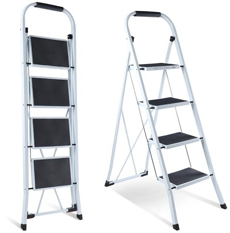 Galvaran 4 Step Ladder – Folding Step Ladder, Portable With Anti-Slip Mat & Comfortable Soft Handgrip, Heavy Duty Steel Step Ladder - Easy to Store Step Ladders, 150KG Max Capacity (4-Step)