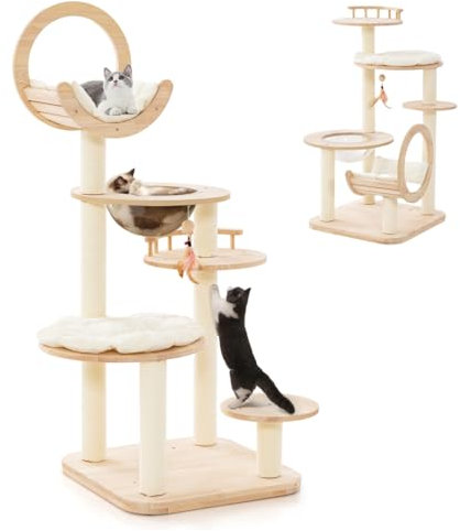 GYMAX Modern Cat Tree, Solid Wood Cat Tower with Capsule Nest, Scratching Posts & Padded Platform & Hanging Toy, Multi-level Cat Play Center for Kitten Play & Rest