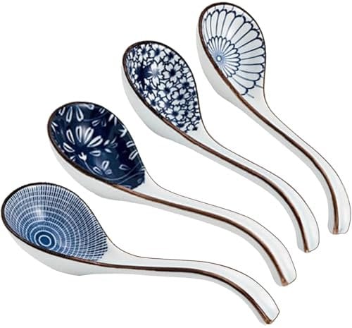 4Pcs Ceramic Soup Spoons, Asian Chinese Spoon Long Handle Spoon, Set of 4 Porcelain Japanese Spoons for Ramen, Vietnamese Wonton, Dumpling Rice Noodle Soup Spoons (Blue)