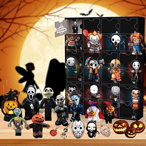 Halloween Adventskalender 2024, Horror Film Figuren Adventskalender, Halloween Countdown Kalender mit 24Pcs Überraschung Puppen, Albtraum Scary Halloween Puppe Sammler Figuren Geschenk (A)