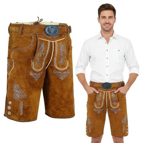 Spirit of Bavaria Lederhose Herren kurz I 100% Echtleder I Trachtenlederhose mit Gürtel I Ideal für Dein Oktoberfest Herren Outfit I Traditionelle Trachtenhose I Braun, Dunkelbraun, Schwarz Gr. 44-60