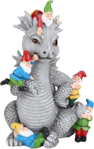 Statues de nain de dragon - Décoration d'extérieur - Dinosaure amusant avec nain de jardin - Pour toutes les saisons - Décoration de jardin, cadeau de jardinage pour femme