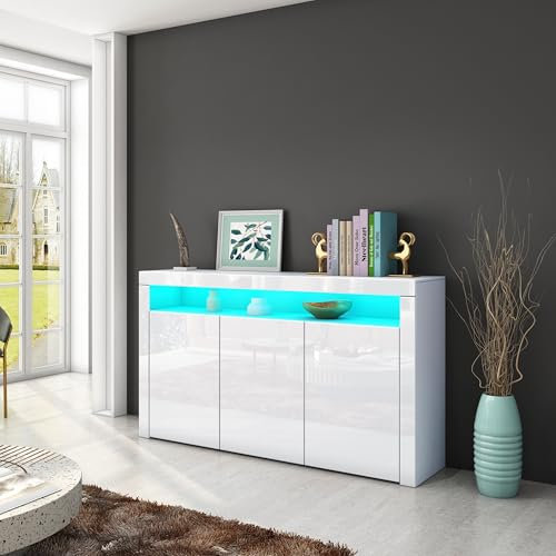 Sideboard, Modern High Gloss Front Sideboard Cabinet with LED Lights Storage Cupboard with 3 Doors 1 Open Shelf for Dining Room Living Room 152 x 35 x 97cm (White)
