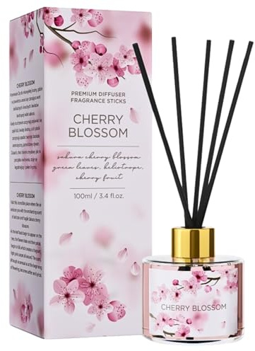 Dekohelden24 Hochwertiger Raumerfrischer, Raumduft, Diffuser, Aroma Lufterfrischer, Diffuser inkl. 5 Duftstäbchen 100ml, Kirschblüte, Duftsstäbchen Kirschblüte im Designerglas, L/B/H 7 x 7 x 20 cm.