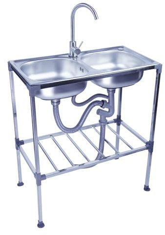 Lavandino Autoportante in Acciaio Inox 2 Vasche Lavello Cucina Commerciale,Lavello da Pranzo Mobile Lavatoio da Garage con Rubinetto,per Cucina Campeggio Esterno