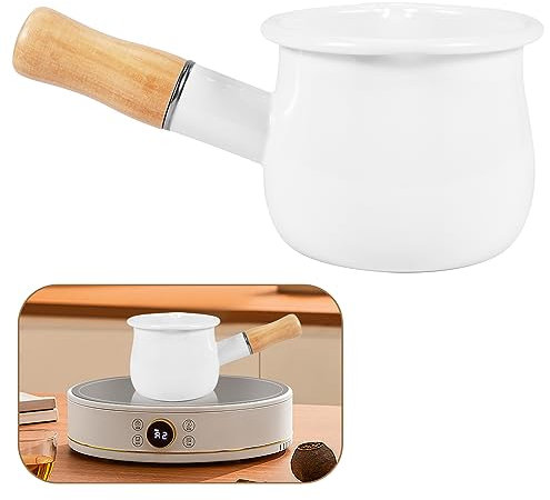 Bortivier Enamel Milk Pan, Mini Butter Warmer 10cm Enamelware Saucepan Pan Cookware with Wooden Handle, Perfect Size for Heating Smaller Liquid Portions. (White)