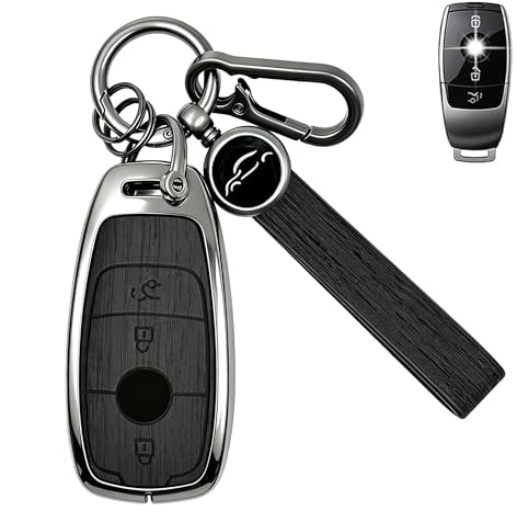 Zinklegierung Holzmaserung Schlüsselhülle für Mercedes A/B/C/E/G/S-Klasse, GLA GLC GLE GLK GLS CLA CLE CLS AMG E200 (W177 W205 W213), 3 Tasten, schwarzer Grundkörper Typ A