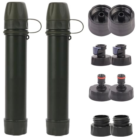 2 Pack Survival Water Filter Straw for Hiking & Camping, 2025 Personal Portable Water Purifier, 3000L Long Life, Includes Bottle & Hydration Bladder Adapters (2, Dark Green, 3x3x19.3cm)